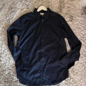 Men's GAP Navy Blue Polka Dot Long Sleeve Button Shirt Slim Fit Non-Iron XL